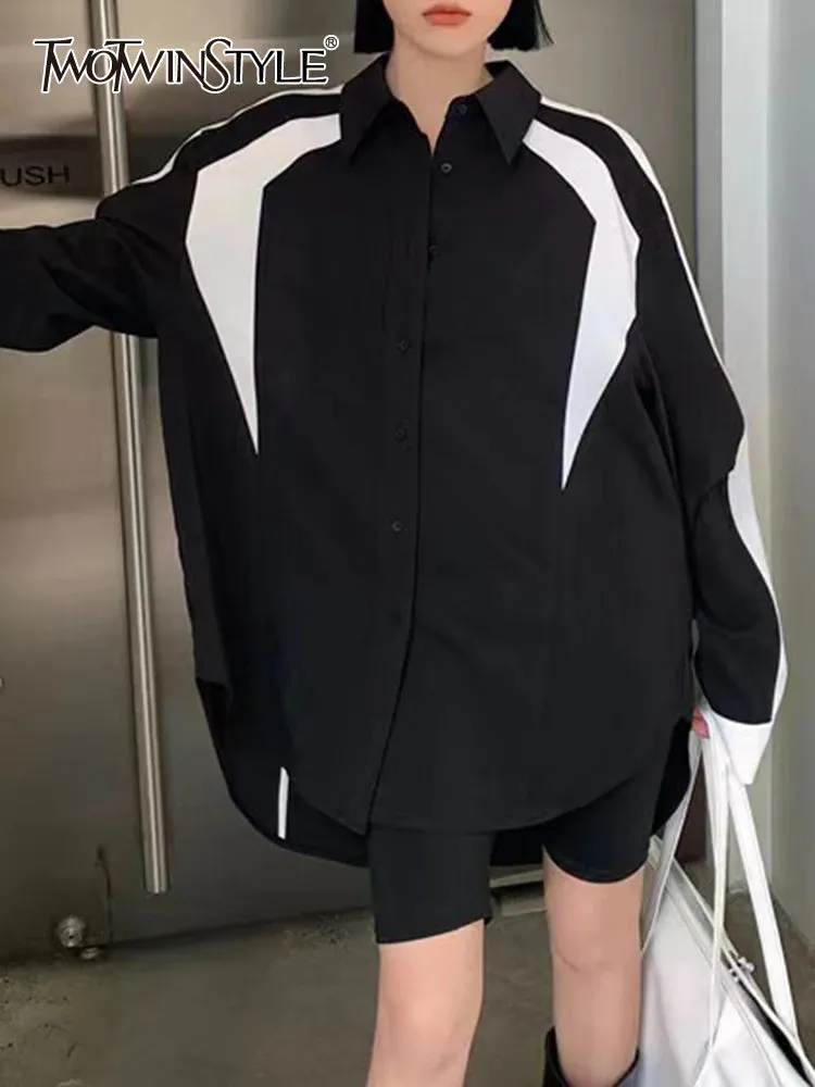 deanwangkt Straight Patchwork Colorblock Shirt For Women Lapel Long Sleeve Loose Casual Button Through Blouse Female Clothing