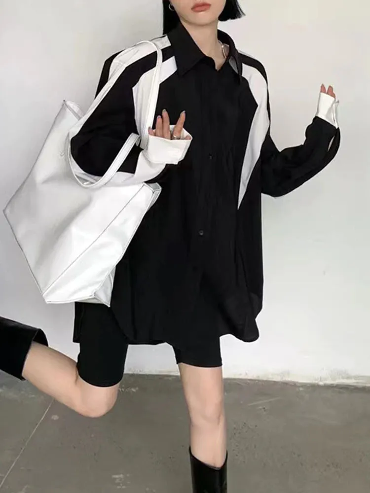 deanwangkt Straight Patchwork Colorblock Shirt For Women Lapel Long Sleeve Loose Casual Button Through Blouse Female Clothing