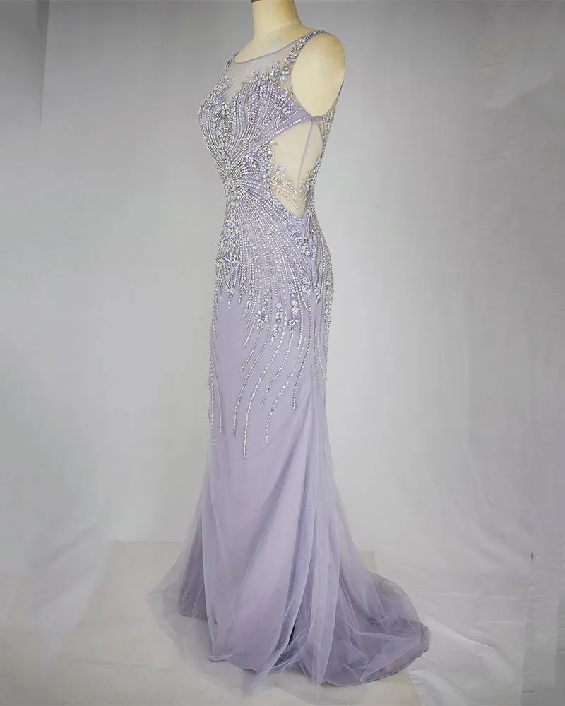 Elegant Lavender Mermaid Scoop Floor-Length Tulle Zipper Back Prom Dresses With Beaded Evening Dresses