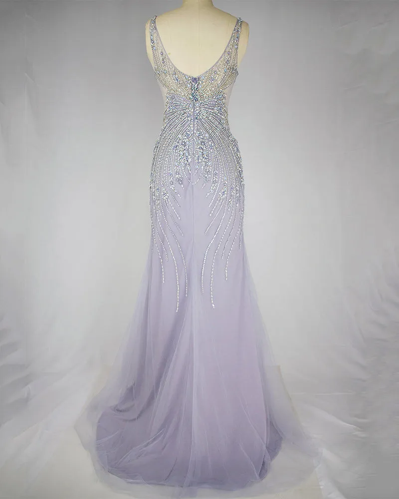 Elegant Lavender Mermaid Scoop Floor-Length Tulle Zipper Back Prom Dresses With Beaded Evening Dresses
