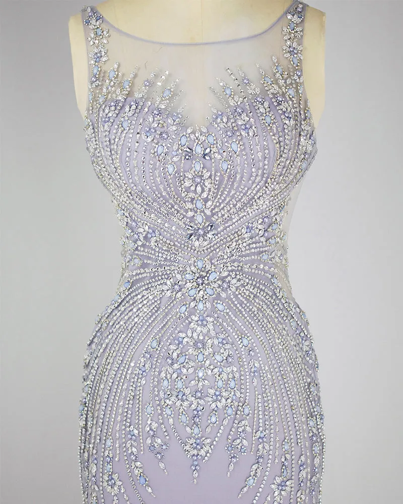 Elegant Lavender Mermaid Scoop Floor-Length Tulle Zipper Back Prom Dresses With Beaded Evening Dresses