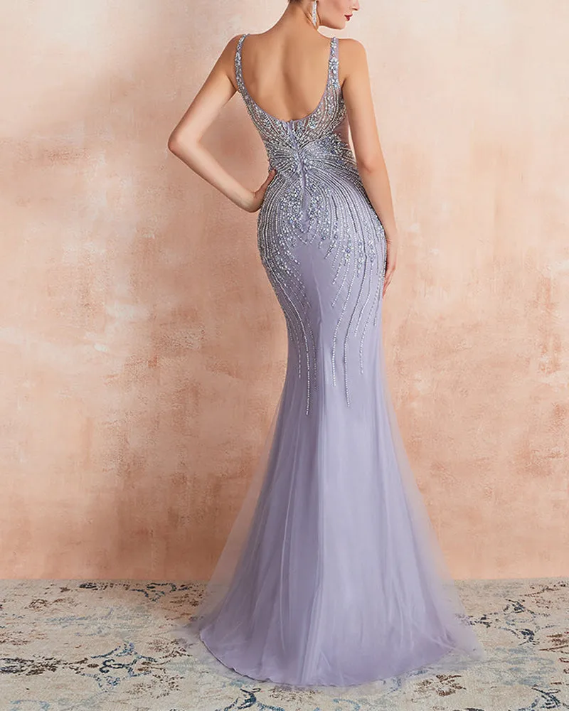Elegant Lavender Mermaid Scoop Floor-Length Tulle Zipper Back Prom Dresses With Beaded Evening Dresses