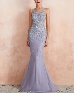 Elegant Lavender Mermaid Scoop Floor-Length Tulle Zipper Back Prom Dresses With Beaded Evening Dresses