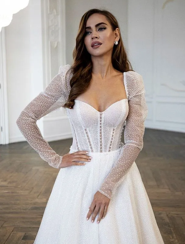 Fancy Pearl Beaded White Wedding Dress