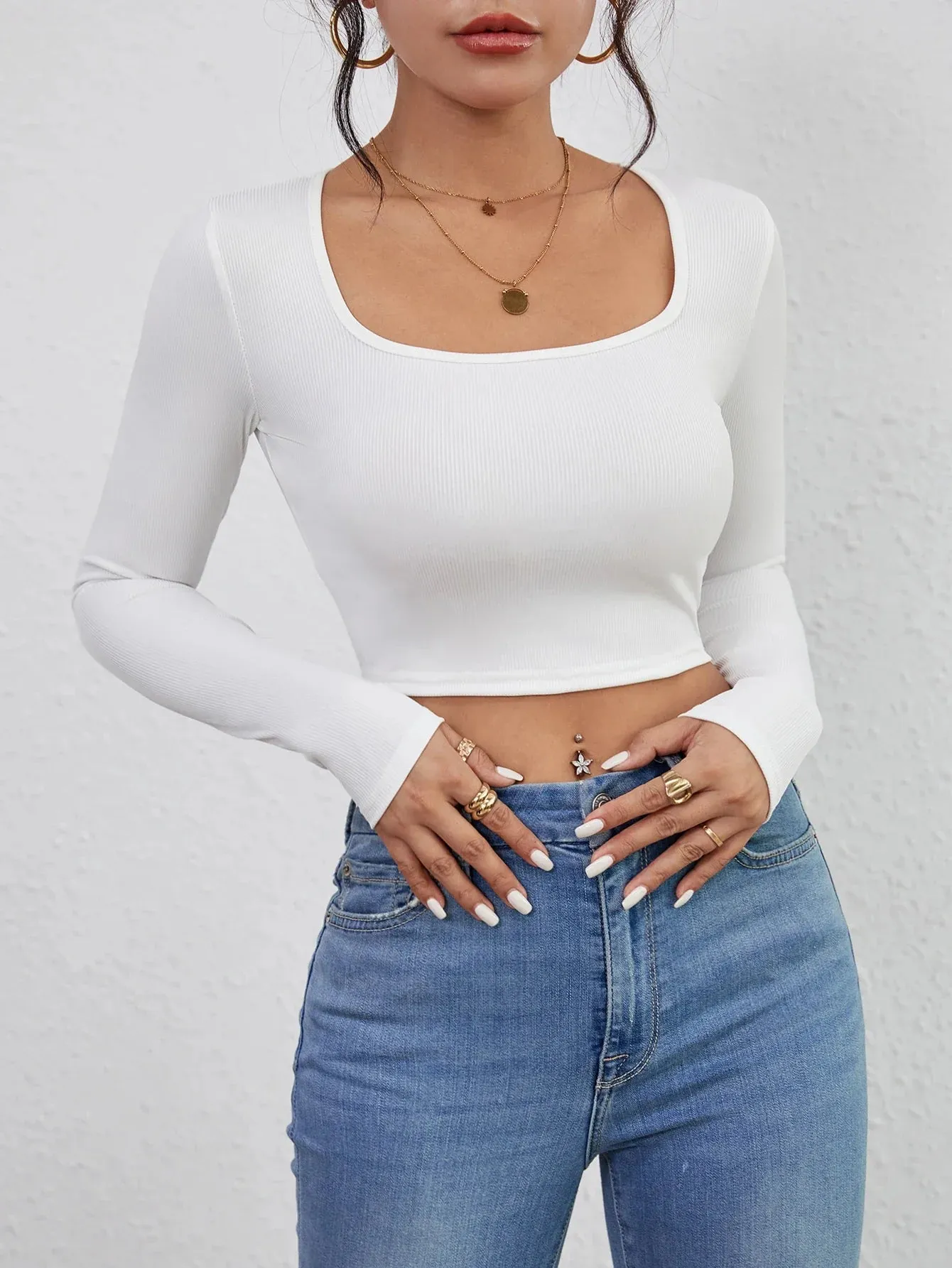 FashionSierra - Cropped Casual Long Sleeve Solid Crop Tops