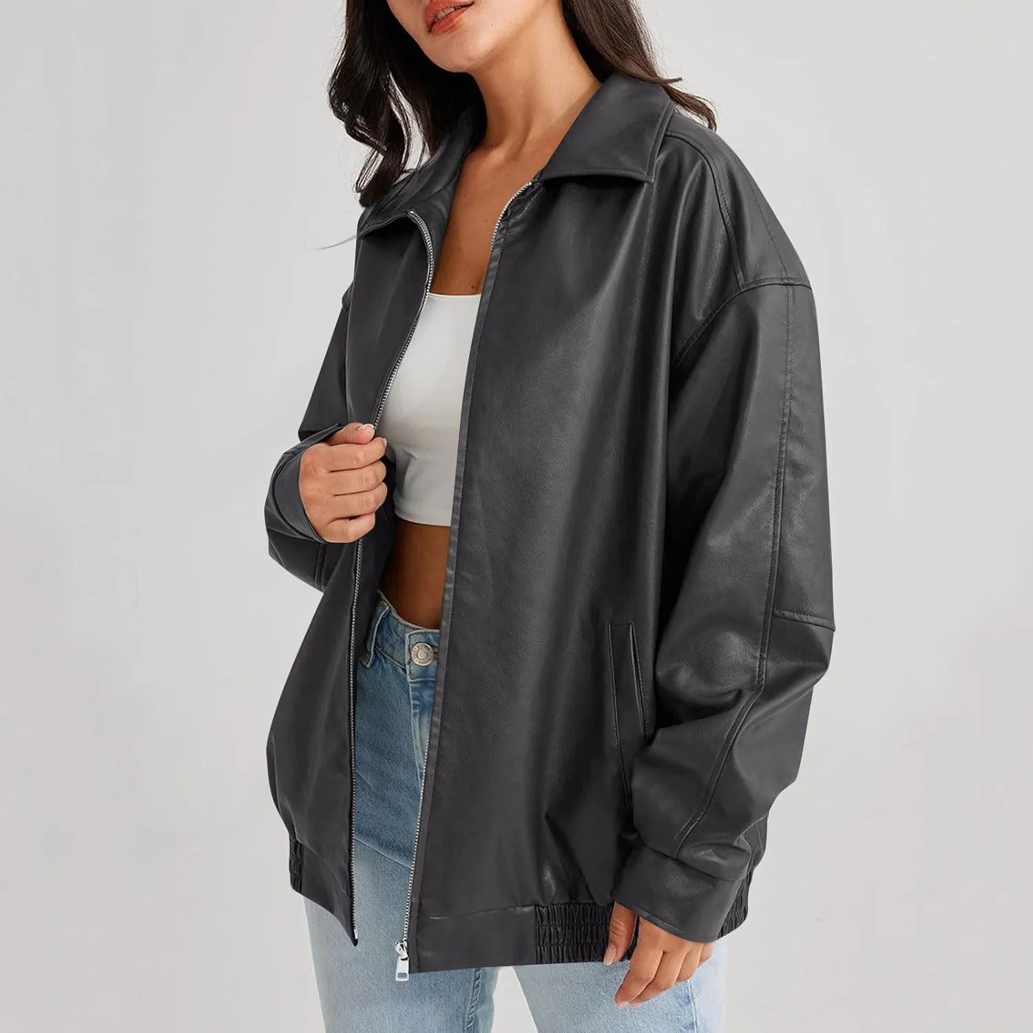 Faux Leather Jacket Women Full Zip Oversized Coats Winter Casual Motocycle Fall Jacket Winter Clothes With Pockets