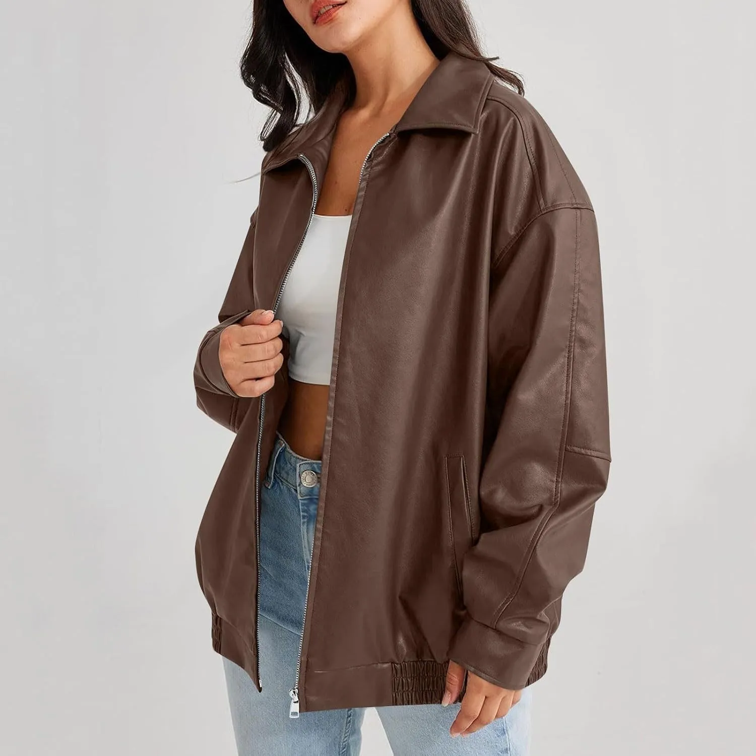 Faux Leather Jacket Women Full Zip Oversized Coats Winter Casual Motocycle Fall Jacket Winter Clothes With Pockets