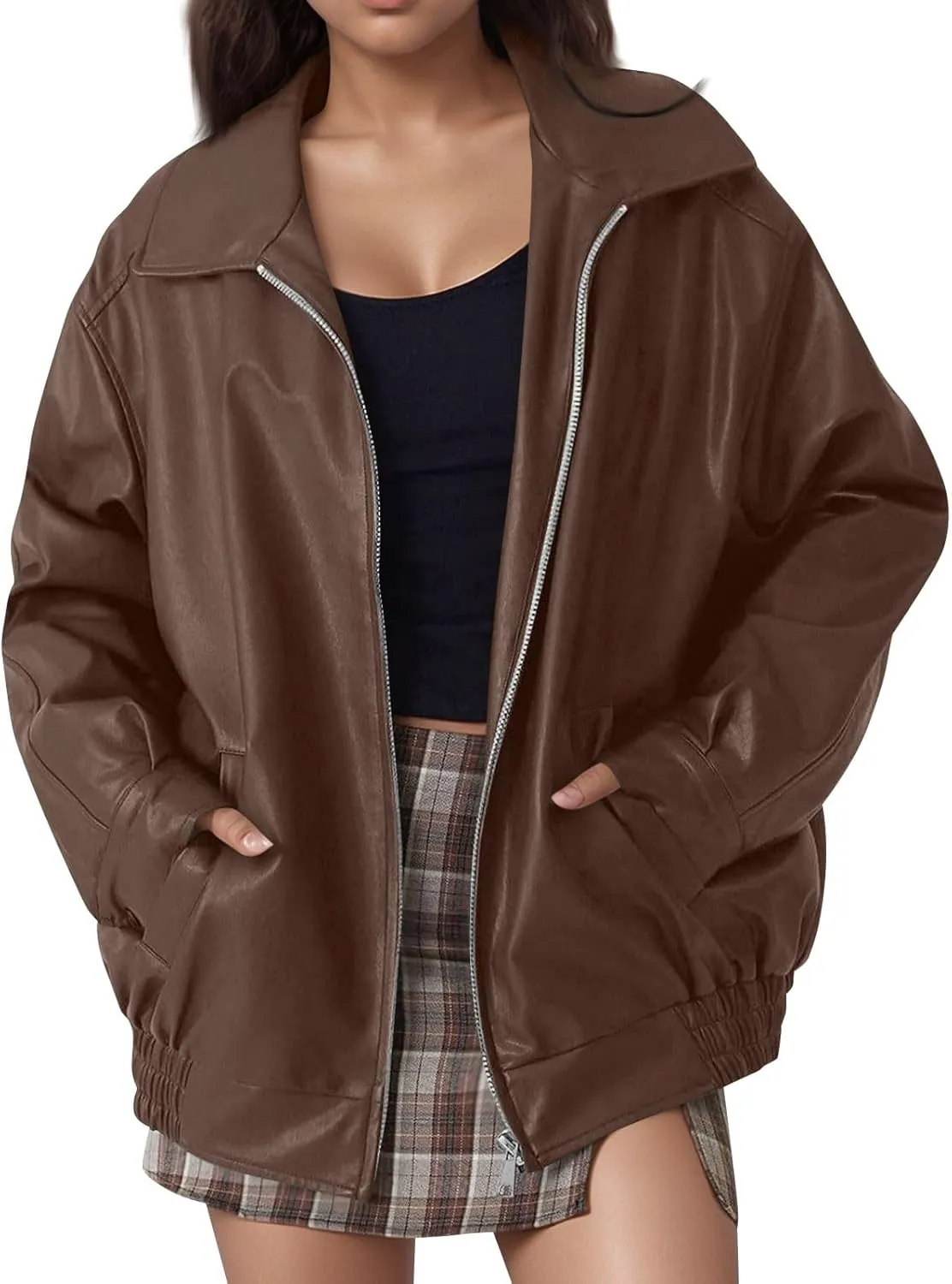 Faux Leather Jacket Women Full Zip Oversized Coats Winter Casual Motocycle Fall Jacket Winter Clothes With Pockets