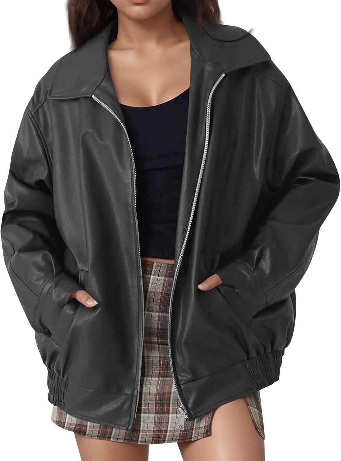 Faux Leather Jacket Women Full Zip Oversized Coats Winter Casual Motocycle Fall Jacket Winter Clothes With Pockets