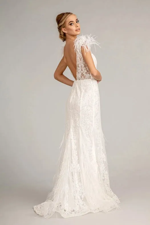Feather Accented V-Neckline Embellished Mesh Dress White