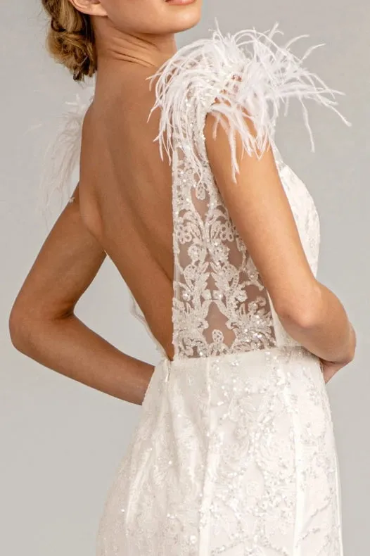 Feather Accented V-Neckline Embellished Mesh Dress White