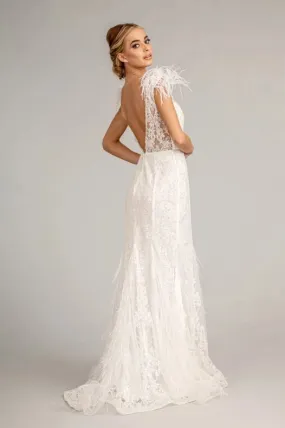 Feather Accented V-Neckline Embellished Mesh Dress White