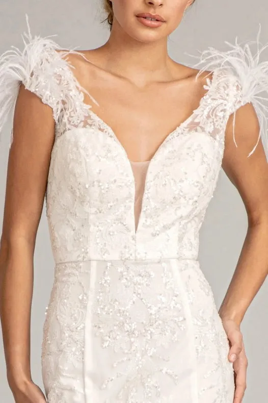 Feather Accented V-Neckline Embellished Mesh Dress White