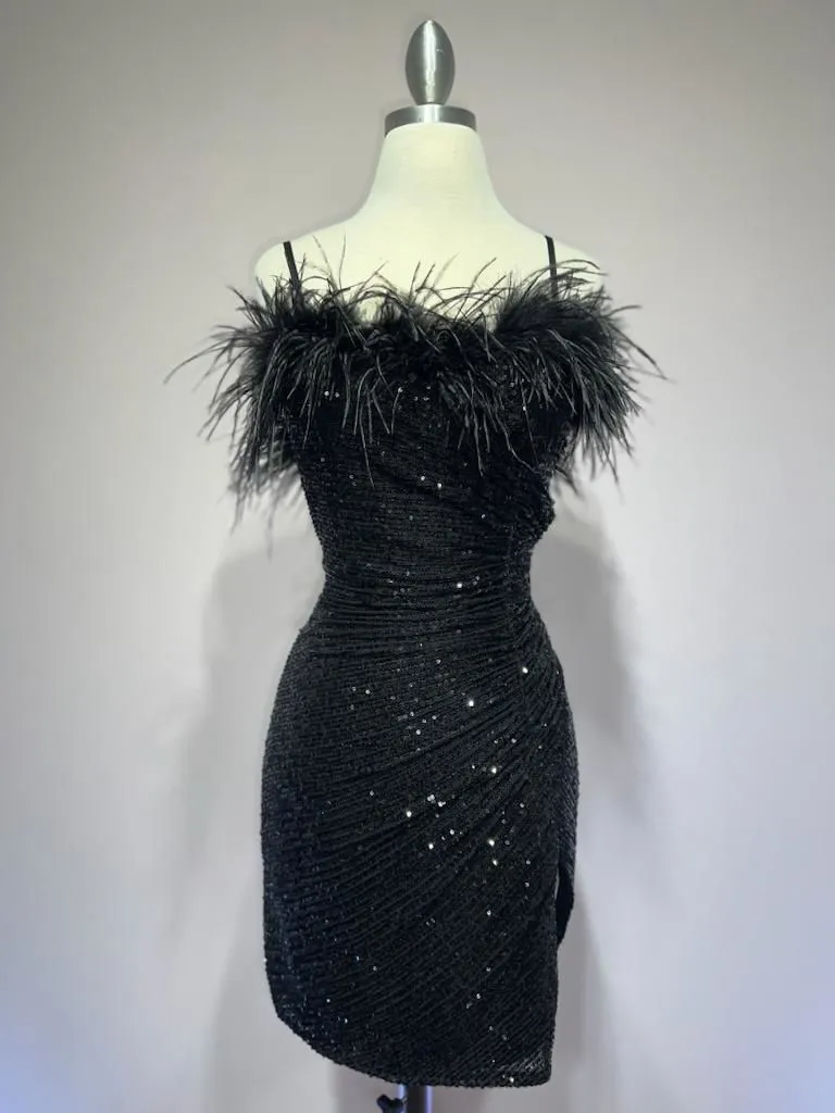 Feather Embellished Spaghetti Straps Short Prom & Homecoming Dress