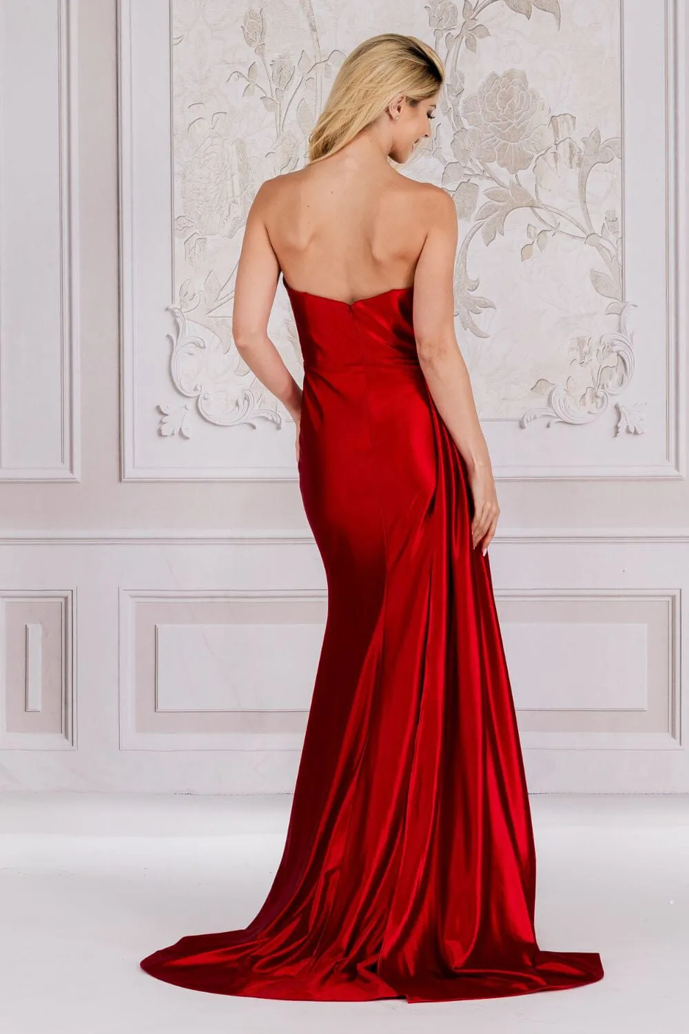 Fitted Beaded Strapless Slit Gown by Amelia Couture BZ032