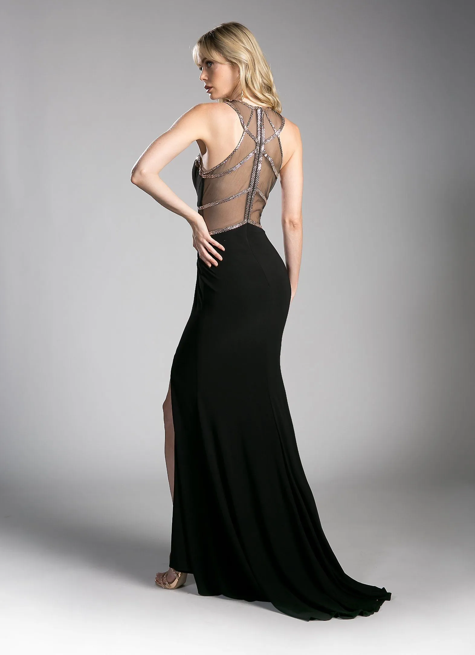 Fitted Long Illusion Dress with Slit by Cinderella Divine CD0115