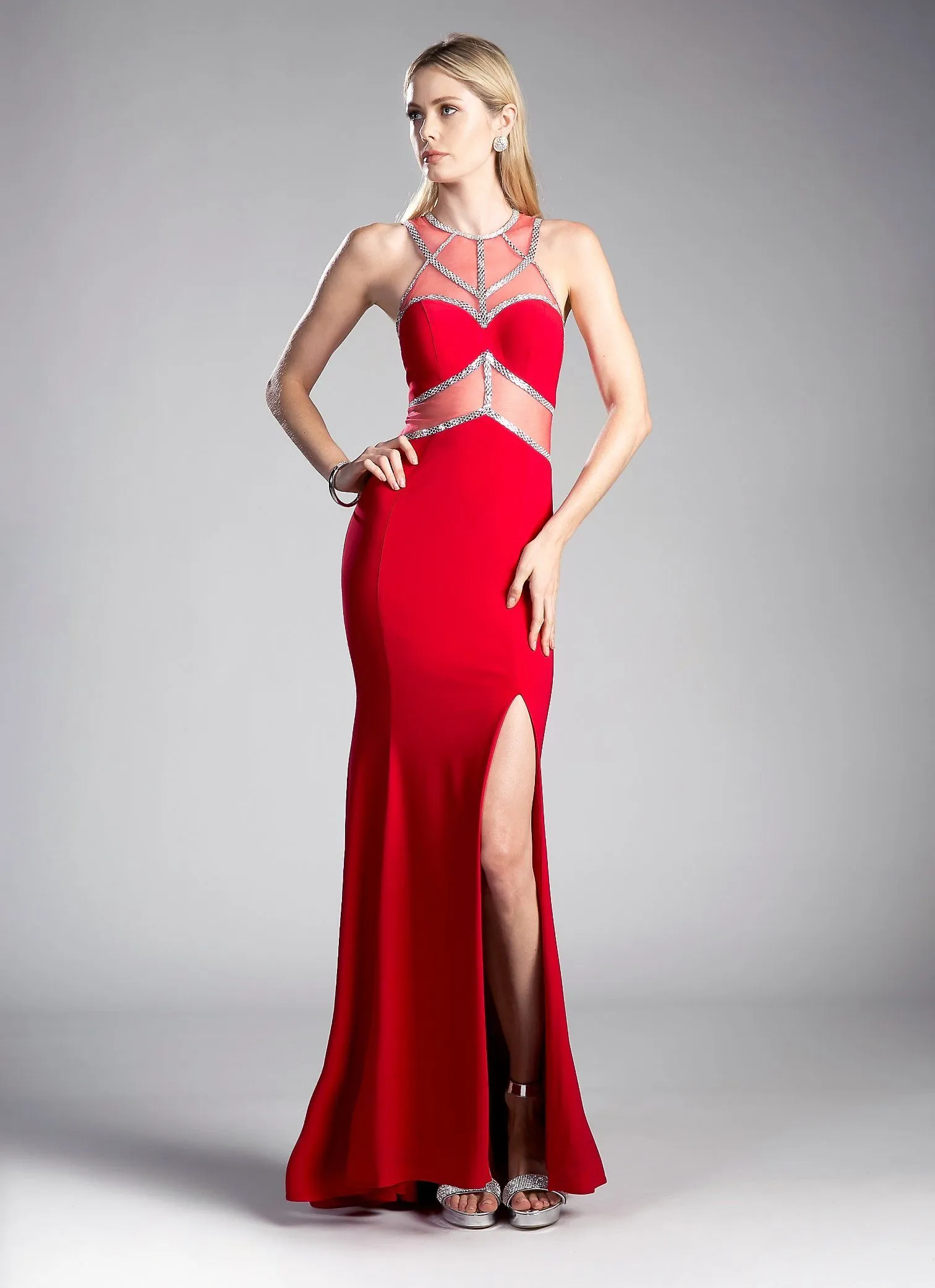 Fitted Long Illusion Dress with Slit by Cinderella Divine CD0115