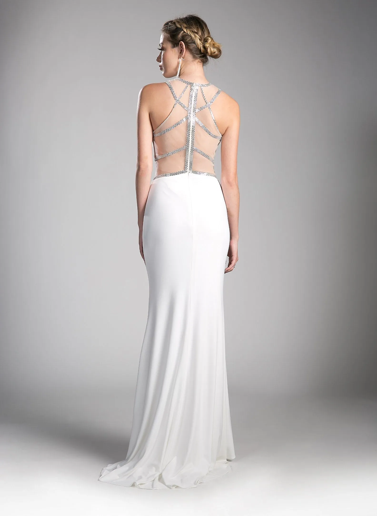 Fitted Long Illusion Dress with Slit by Cinderella Divine CD0115