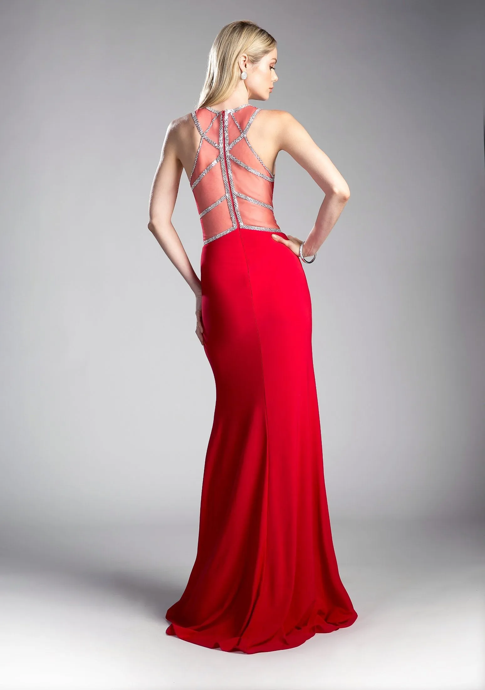 Fitted Long Illusion Dress with Slit by Cinderella Divine CD0115