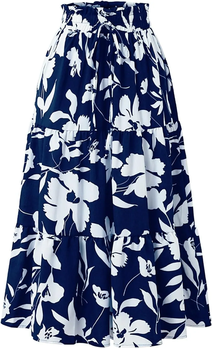 Floral Maxi Skirts for Women 2025 Summer Comfy Tiered Elastic High Waisted Skorts Vacation Flowy Swing Long Dress