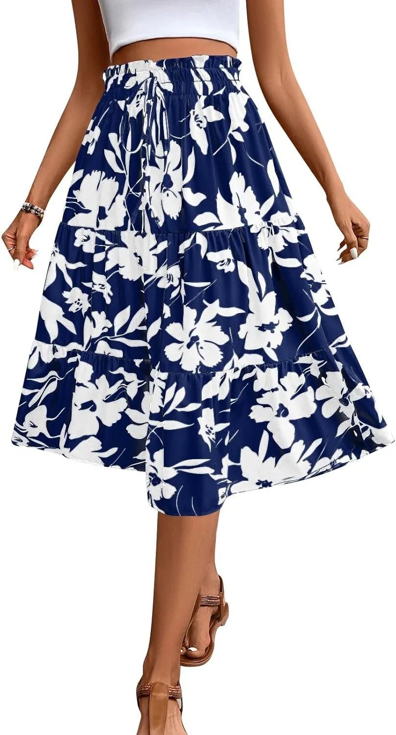 Floral Maxi Skirts for Women 2025 Summer Comfy Tiered Elastic High Waisted Skorts Vacation Flowy Swing Long Dress