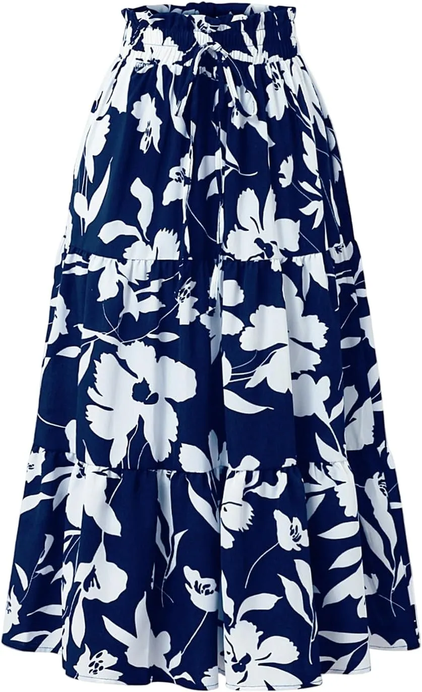 Floral Maxi Skirts for Women 2025 Summer Comfy Tiered Elastic High Waisted Skorts Vacation Flowy Swing Long Dress