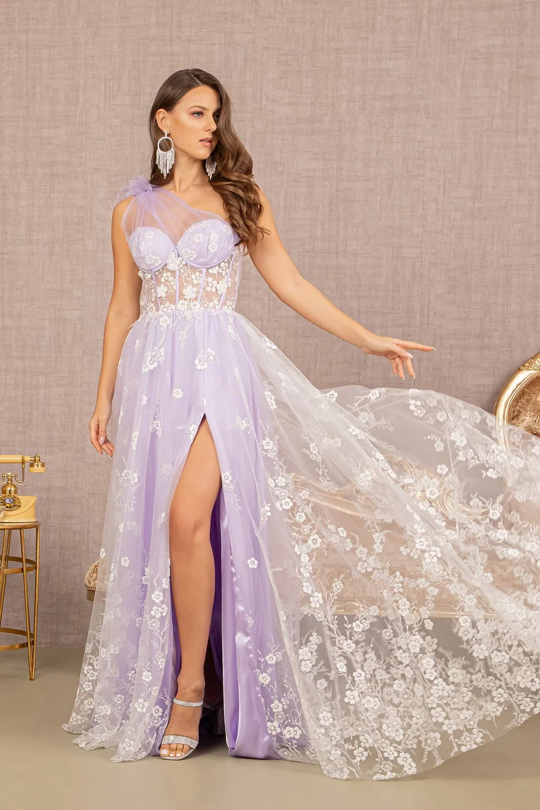 Floral One Shoulder Feather Gown by GLS Gloria GL3134