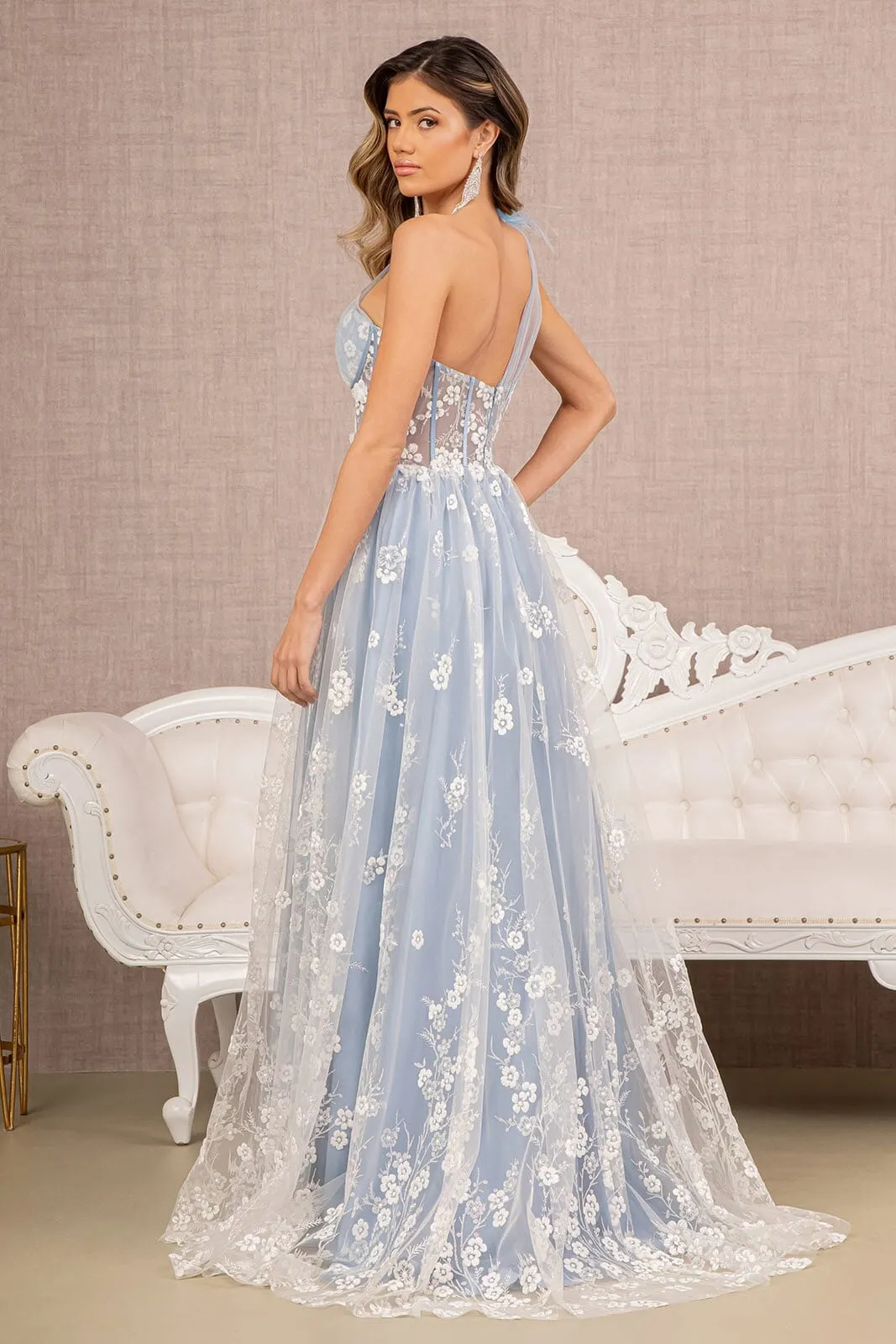 Floral One Shoulder Feather Gown by GLS Gloria GL3134