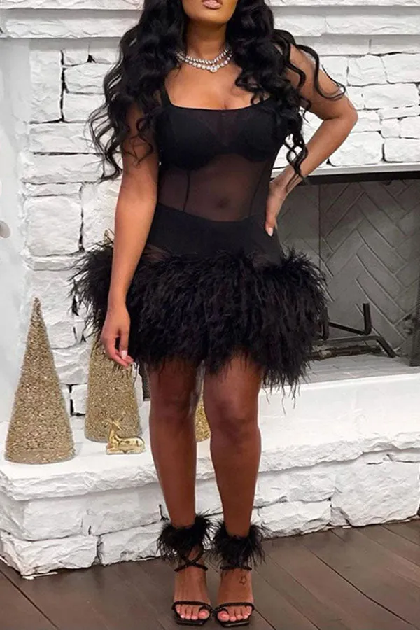 Flytonn-homecoming dresses hoco dresses party dresses fall outfits women Fluffy Kitsch See-Through Mini Dress