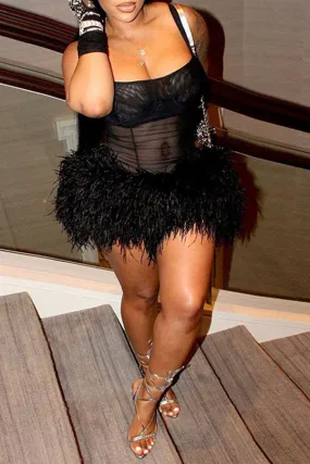 Flytonn-homecoming dresses hoco dresses party dresses fall outfits women Fluffy Kitsch See-Through Mini Dress