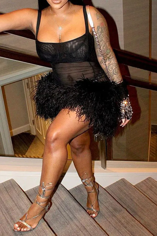 Flytonn-homecoming dresses hoco dresses party dresses fall outfits women Fluffy Kitsch See-Through Mini Dress