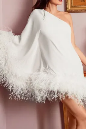 Flytonn-homecoming dresses hoco dresses party dresses fall outfits women Fuzzy Trim One Shoulder Unique Cape Mini Dress