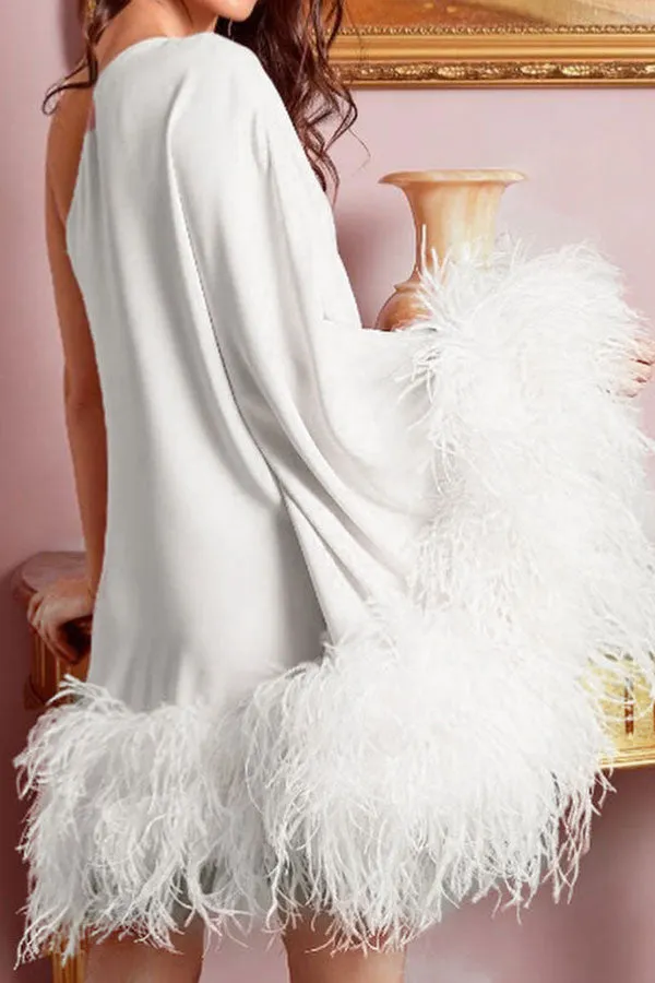 Flytonn-homecoming dresses hoco dresses party dresses fall outfits women Fuzzy Trim One Shoulder Unique Cape Mini Dress