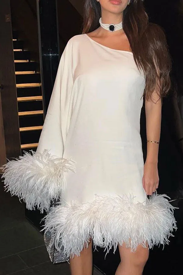 Flytonn-homecoming dresses hoco dresses party dresses fall outfits women Fuzzy Trim One Shoulder Unique Cape Mini Dress