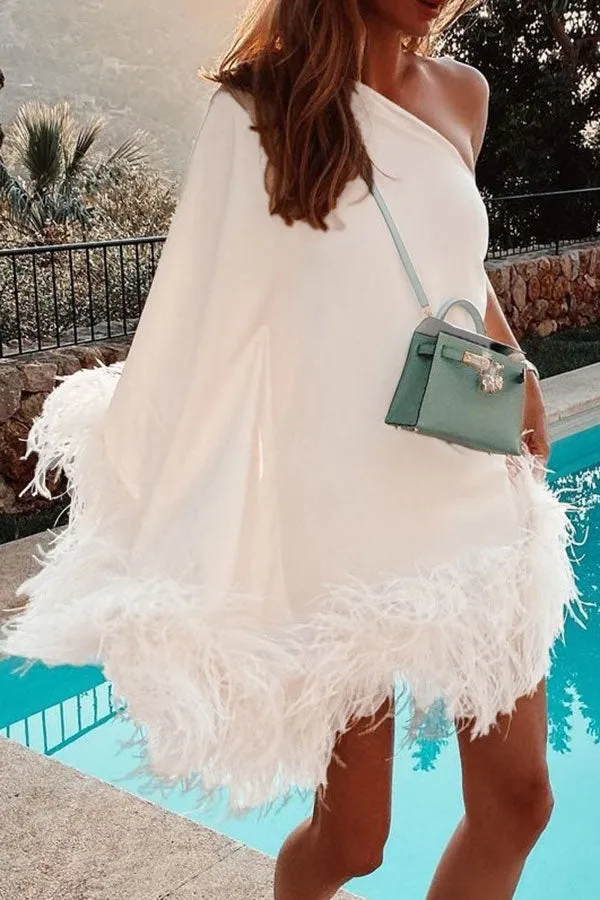 Flytonn-homecoming dresses hoco dresses party dresses fall outfits women Fuzzy Trim One Shoulder Unique Cape Mini Dress