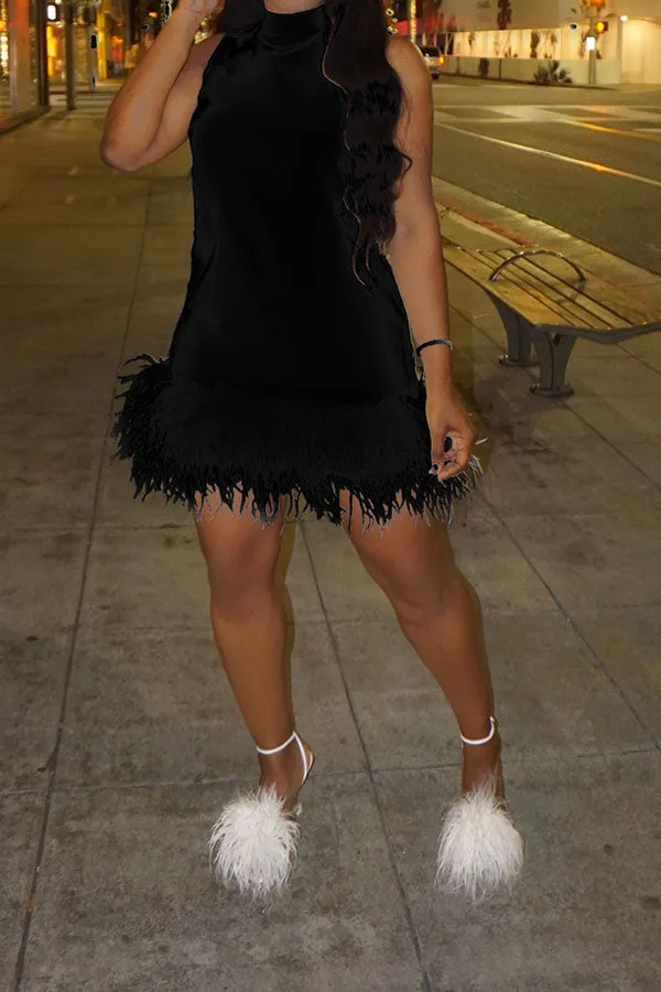 Flytonn-homecoming dresses hoco dresses party dresses fall outfits women Solid Color Chic Feather Patchwork Hem Mini Dress