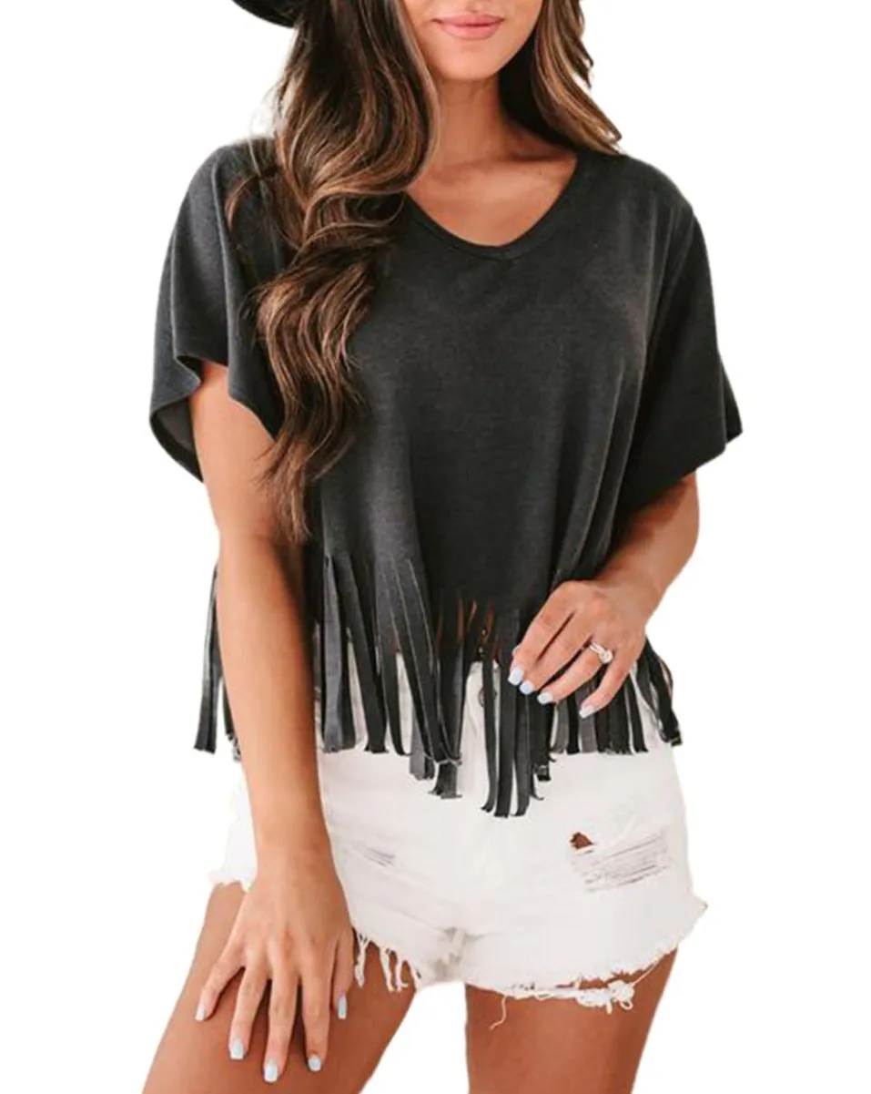 Fringe Short Sleeve V-Neck T-Shirt