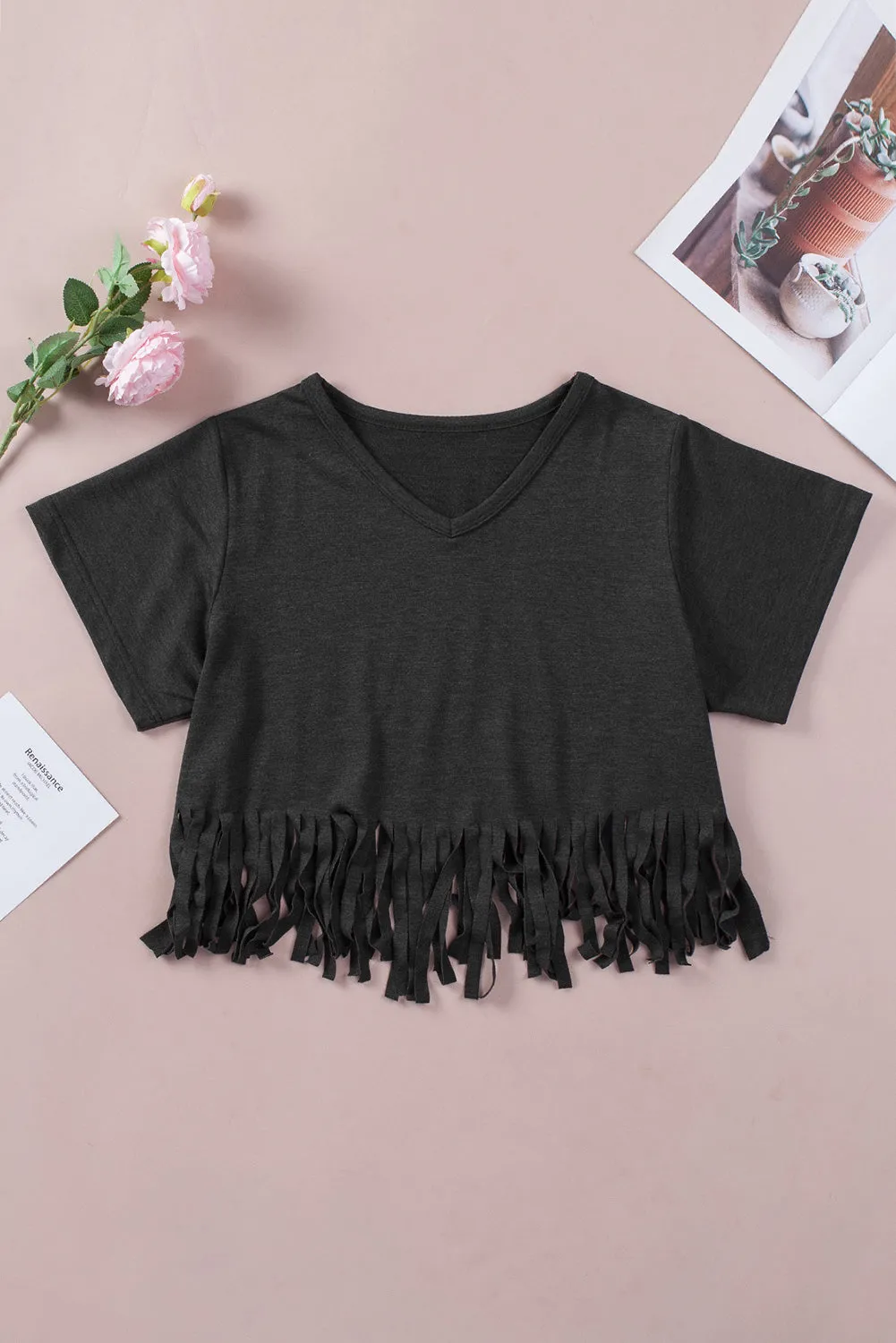 Fringe Short Sleeve V-Neck T-Shirt