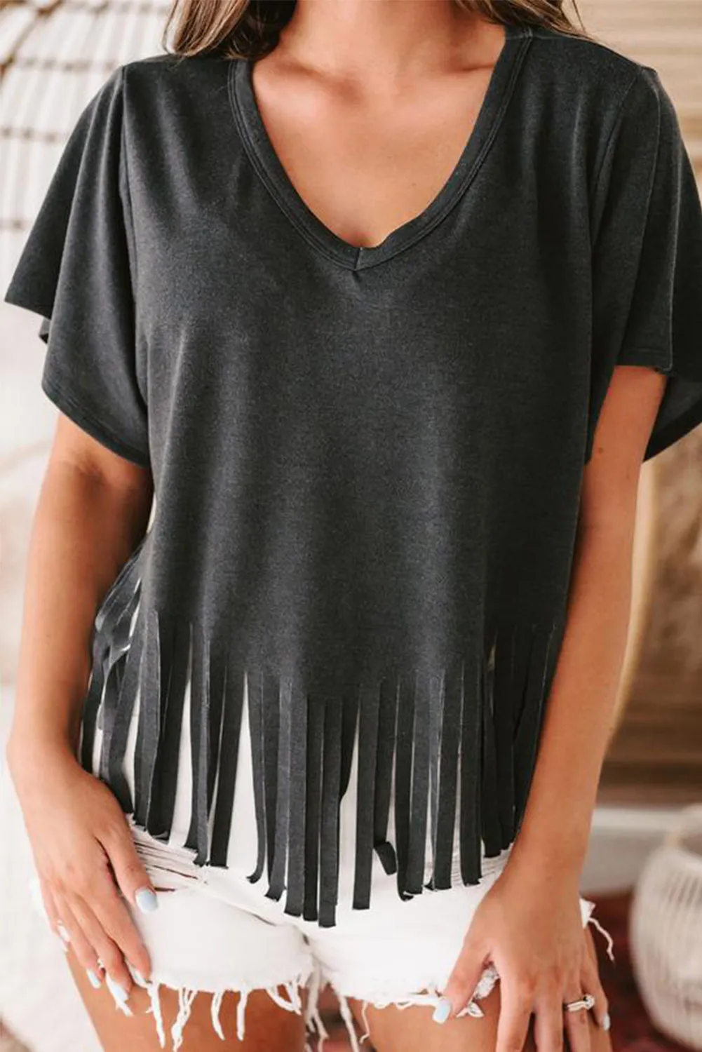 Fringe Short Sleeve V-Neck T-Shirt