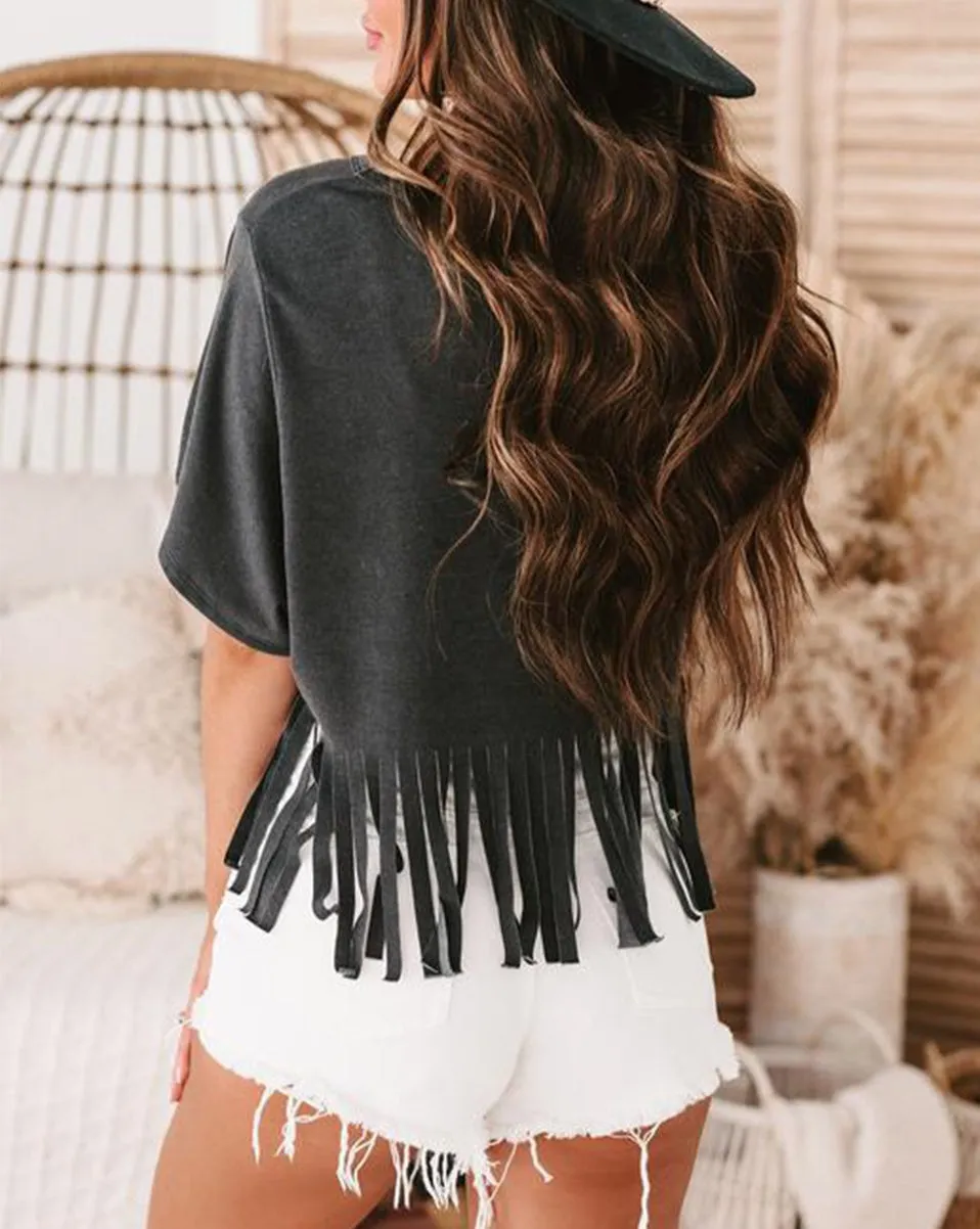 Fringe Short Sleeve V-Neck T-Shirt