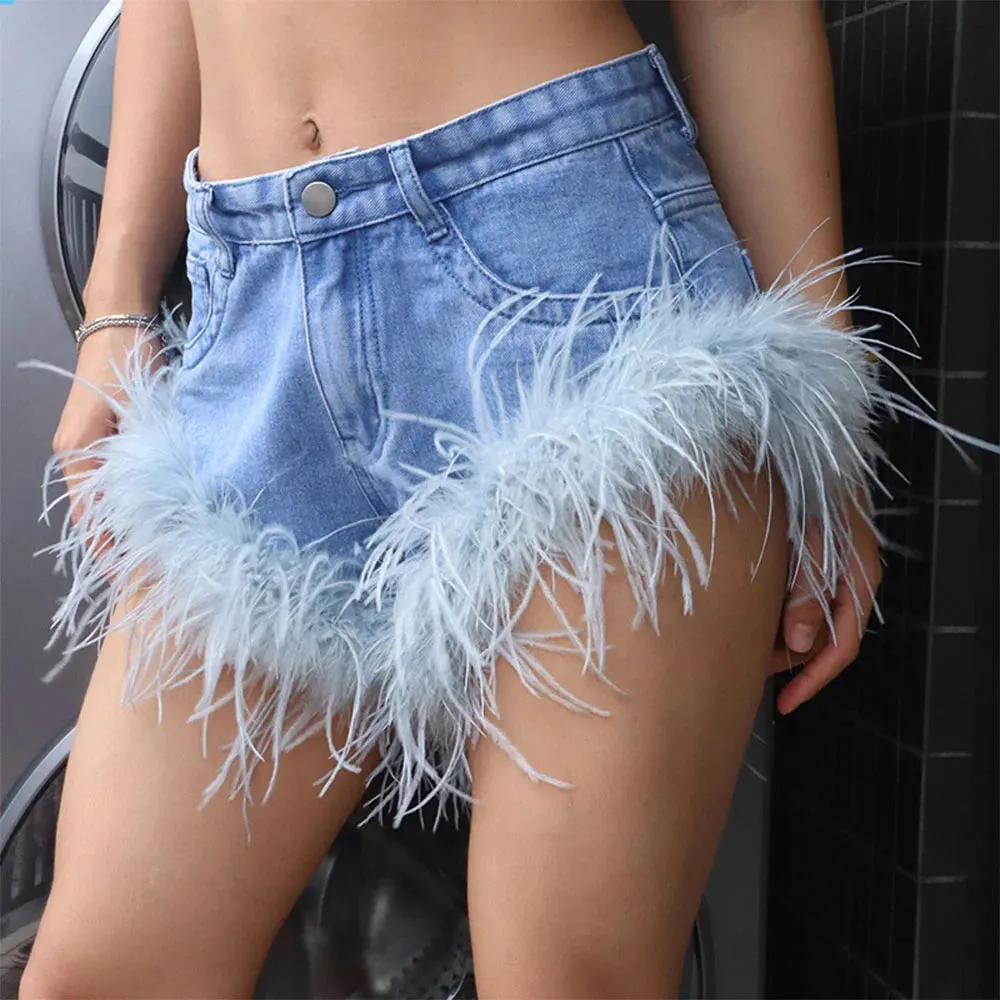 Girlary Feather Tassel Jean Shorts Women Clothing Summer Sexy Slim Shorts Femme Street Fashion Beach Hot Girl Bottoms New