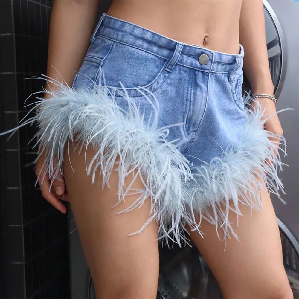 Girlary Feather Tassel Jean Shorts Women Clothing Summer Sexy Slim Shorts Femme Street Fashion Beach Hot Girl Bottoms New