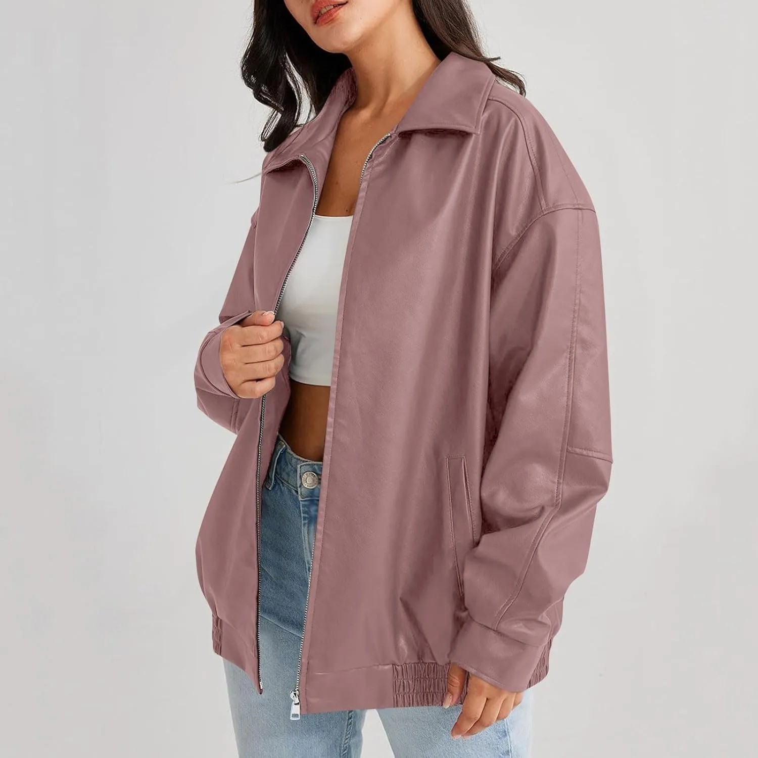 GOFULY Leather Jacket Women Oversized Faux Zip Up Casual Coats Trendy 2024 Motocycle Jackets Winter Fall Clothes With Pockets