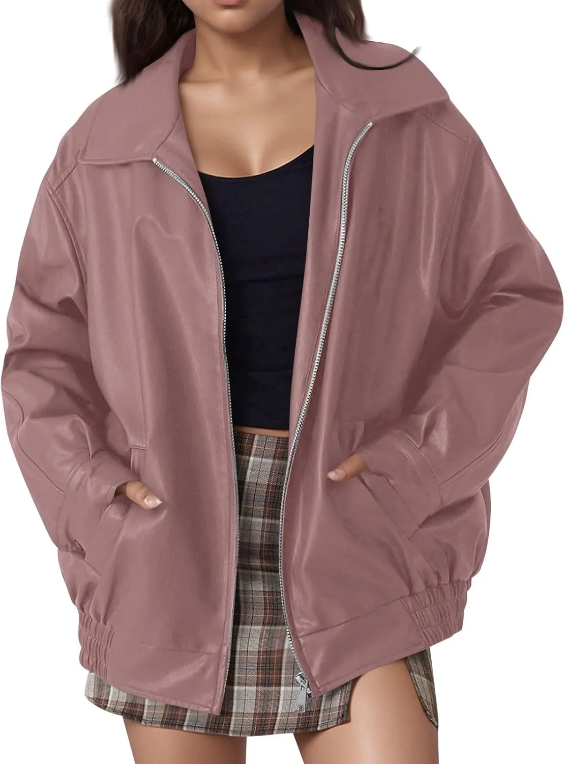 GOFULY Leather Jacket Women Oversized Faux Zip Up Casual Coats Trendy 2024 Motocycle Jackets Winter Fall Clothes With Pockets