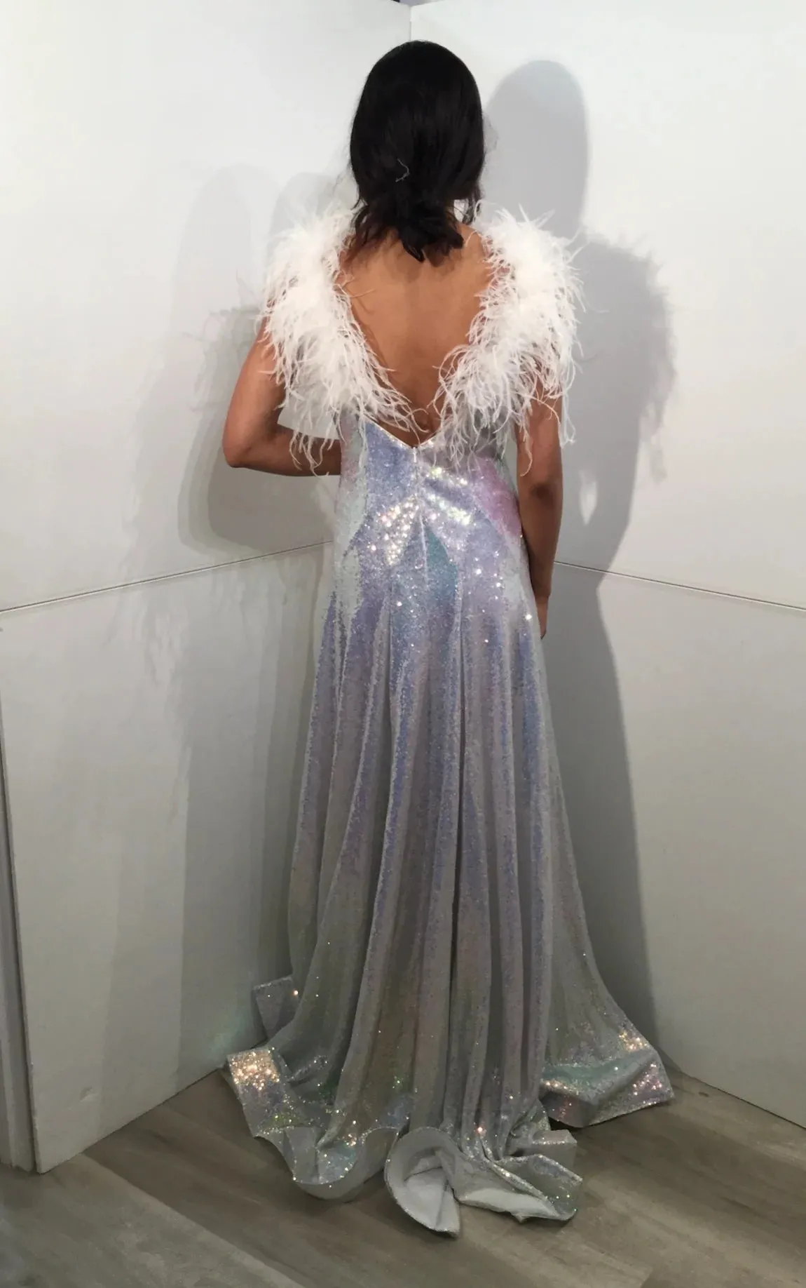 Jovani JVN24164 Size 8 Iridescent Blue Prom Dress Feather Straps V Back A Line Sequins