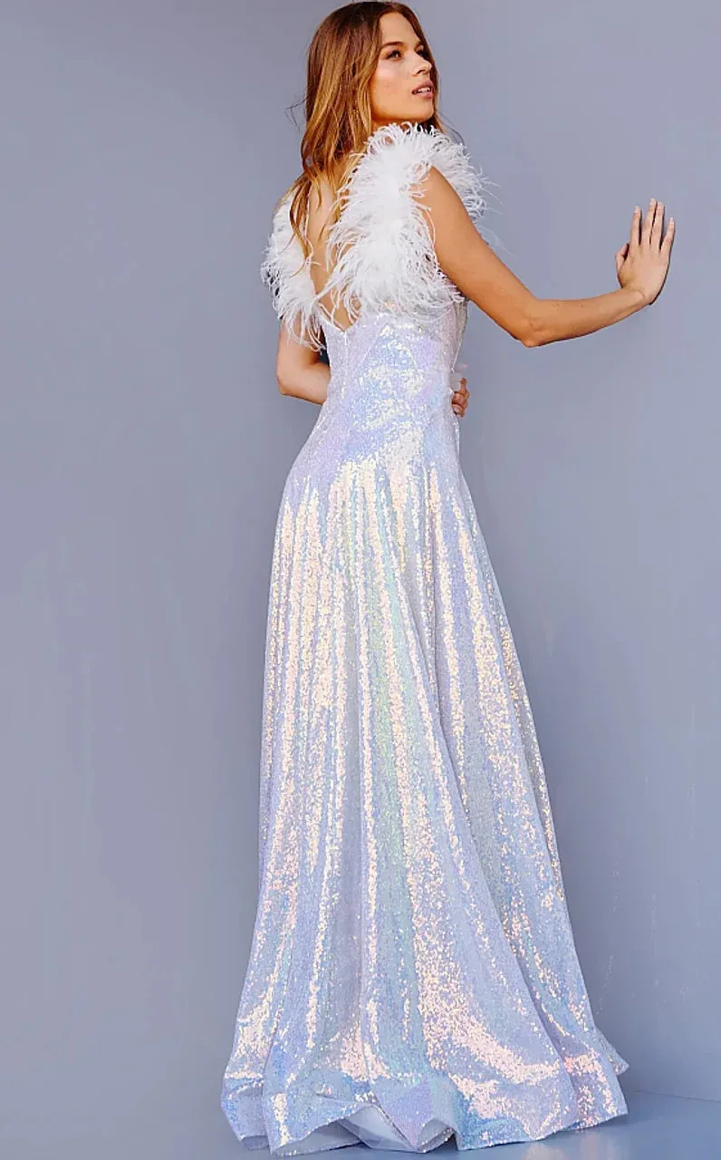 Jovani JVN24164 Size 8 Iridescent Blue Prom Dress Feather Straps V Back A Line Sequins