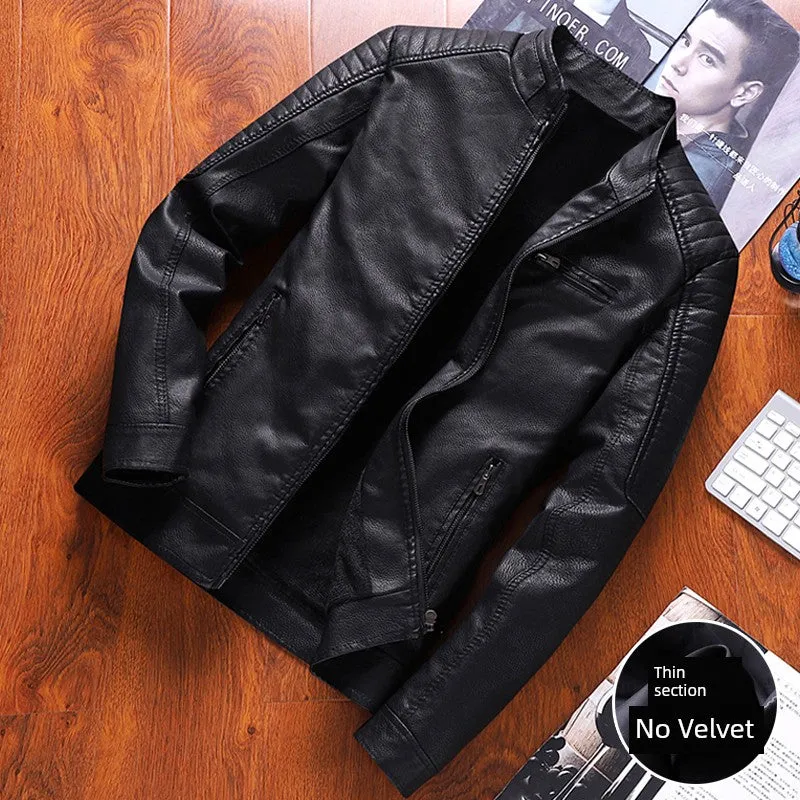 K-style Silm Autumn and Winter Fleece-lined Stand Collar Youth Leather Coat