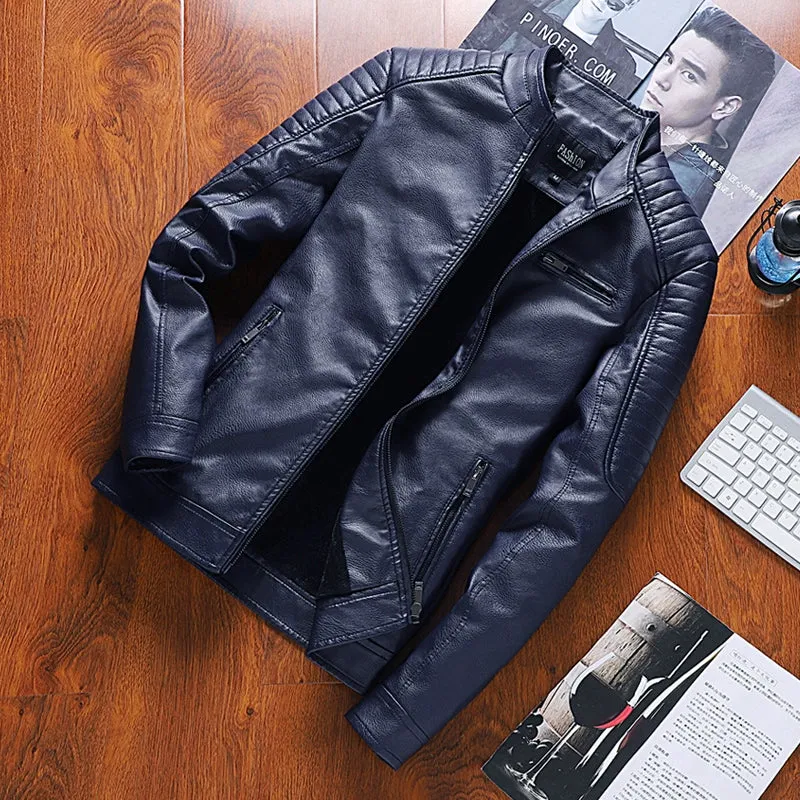 K-style Silm Autumn and Winter Fleece-lined Stand Collar Youth Leather Coat