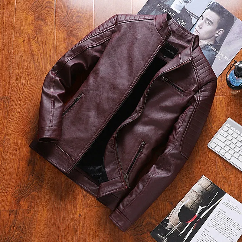 K-style Silm Autumn and Winter Fleece-lined Stand Collar Youth Leather Coat