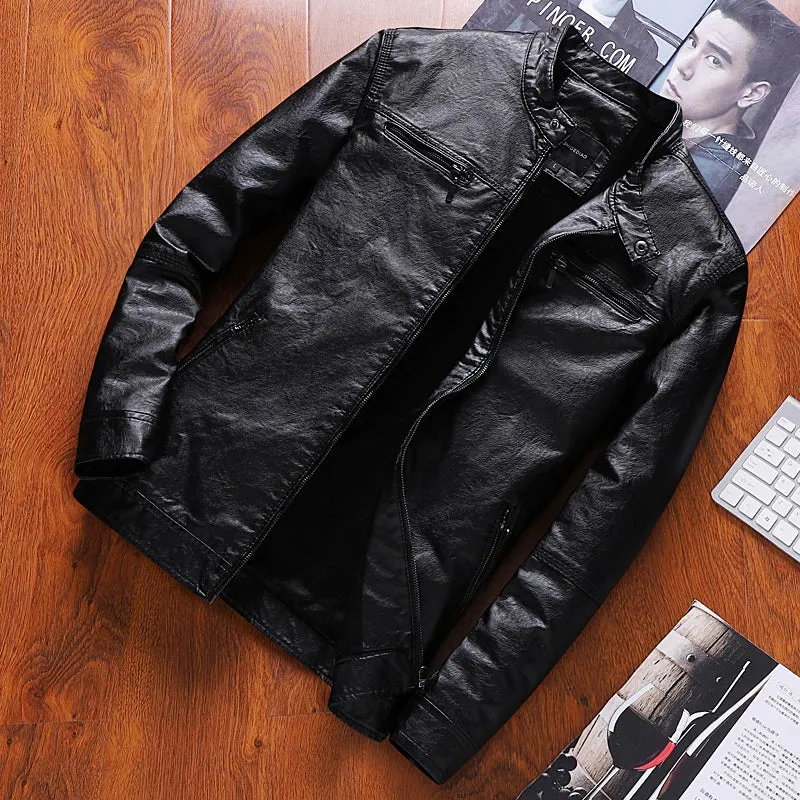 K-style Silm Autumn and Winter Fleece-lined Stand Collar Youth Leather Coat
